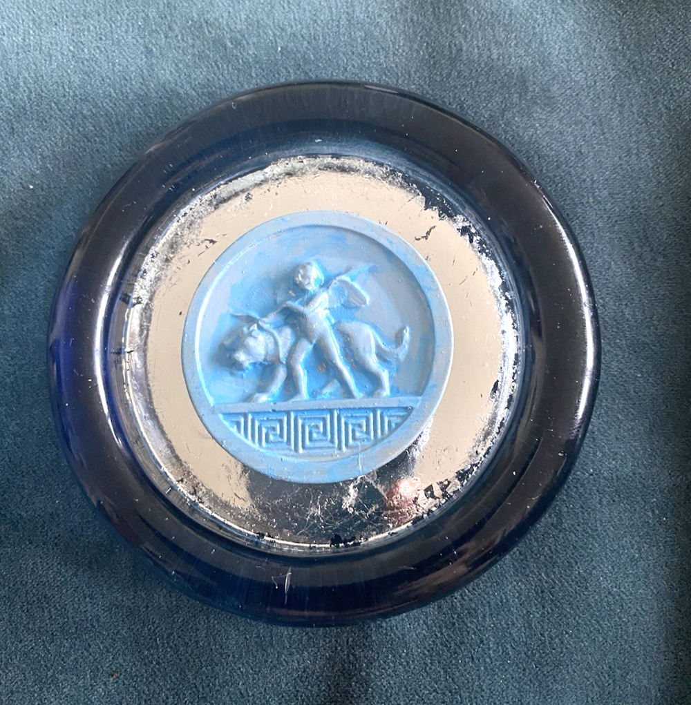 Grand Tour Intaglio Plaster and Glass Paperweight Eros Cupid and the Lion 4"dia.